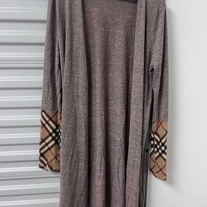 Long Gray Cardigan with Plaid Sleeves